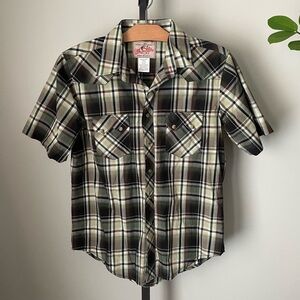 Vintage Wrangler Plaid Short Sleeve Casual Button Down Shirt Snap Buttons Mens